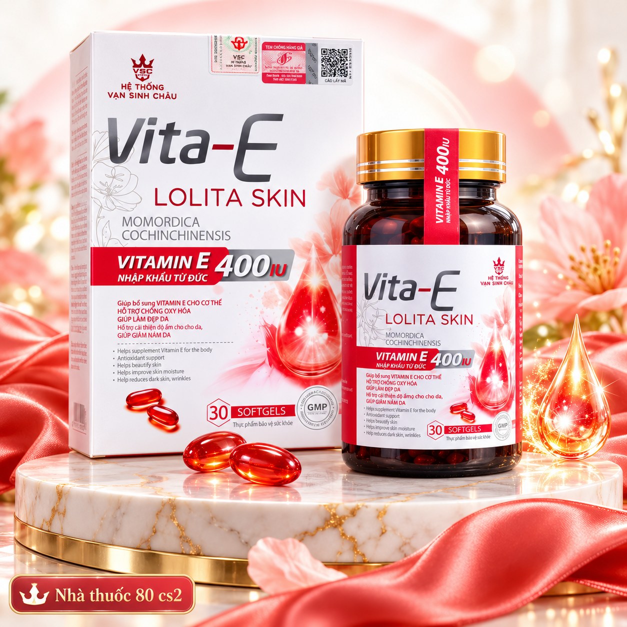Viên Uống Đẹp Da Vita-E Lolita Skin VSC - Vitamin E 400IU Đức & Dầu Gấc, Hoa Anh Thảo